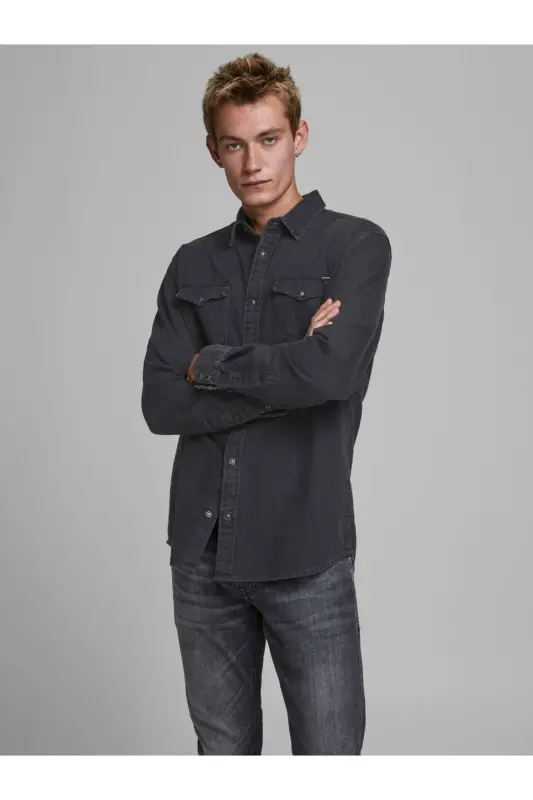Jack&Jones Minimalist Uzun Kol Regular Fit Erkek Denim Gömlek - Siyah - 1