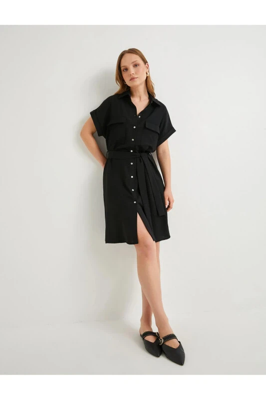 Gömlek Elbise Beli Kuşaklı Düğmeli Cepli-Siyah - Koton
