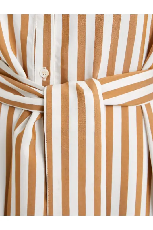 Gömlek Elbise Viskon Beli Kuşaklı Uzun Kollu Düğmeli - Kahve Çizgili - 6