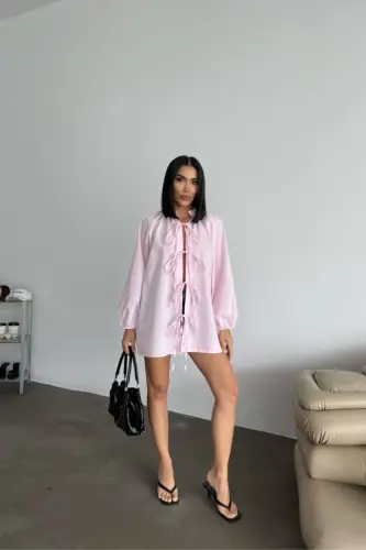 GÖMLEK POPLİN HAKİM YAKA ÖNDEN BAĞLAMA İP DETAYLI - Pembe - 1