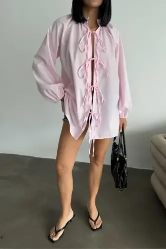 GÖMLEK POPLİN HAKİM YAKA ÖNDEN BAĞLAMA İP DETAYLI - Pembe - 3