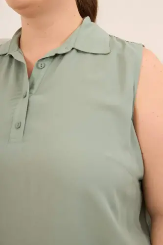 Gömlek Yaka Kolsuz Büyük Beden Viskon Bluz Çağla Yeşili - 3