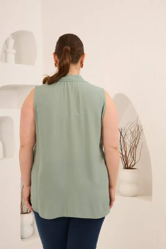 Gömlek Yaka Kolsuz Büyük Beden Viskon Bluz Çağla Yeşili - 5