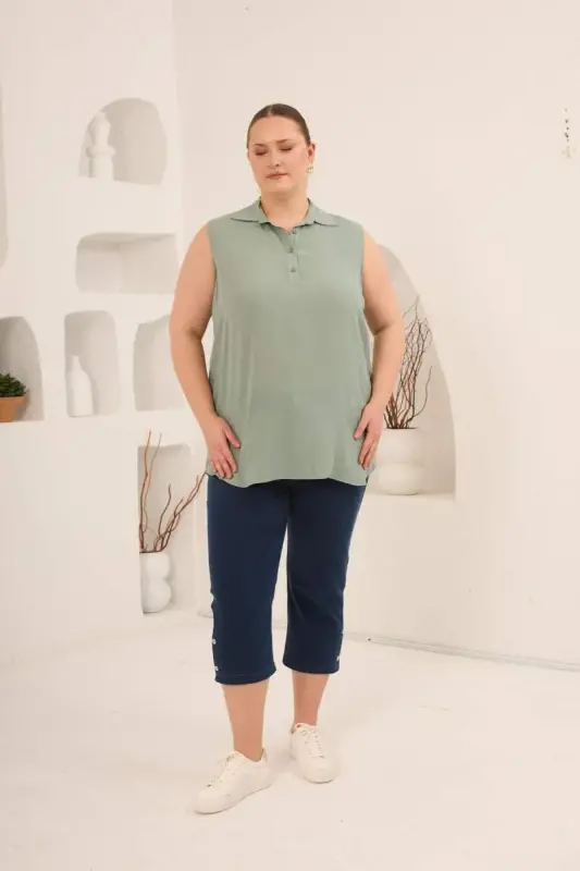 Gömlek Yaka Kolsuz Büyük Beden Viskon Bluz Çağla Yeşili - 6