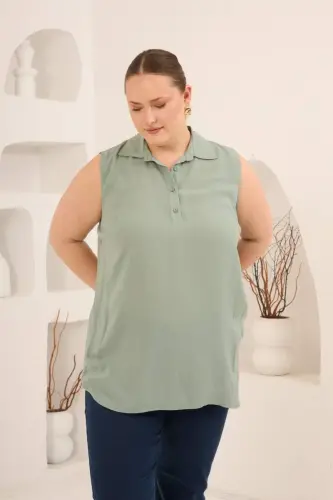 Gömlek Yaka Kolsuz Büyük Beden Viskon Bluz Çağla Yeşili - BÜYÜKBEDENIZ (1)