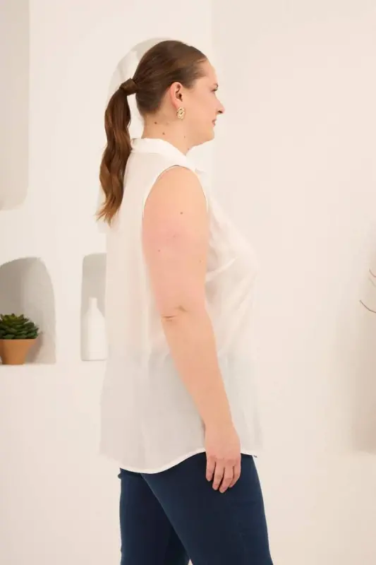 Gömlek Yaka Kolsuz Büyük Beden Viskon Bluz Ekru - 4