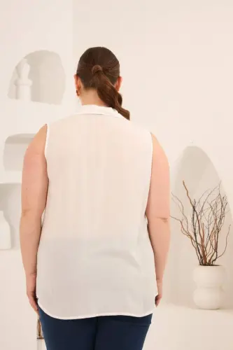 Gömlek Yaka Kolsuz Büyük Beden Viskon Bluz Ekru - 5