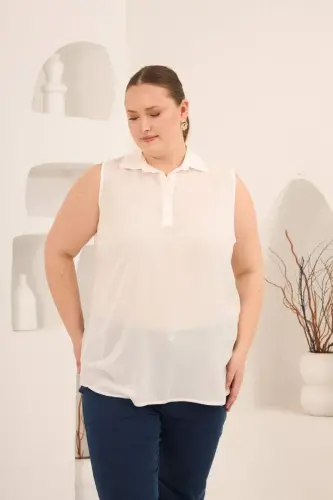 Gömlek Yaka Kolsuz Büyük Beden Viskon Bluz Ekru - BÜYÜKBEDENIZ (1)