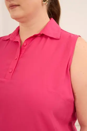 Gömlek Yaka Kolsuz Büyük Beden Viskon Bluz Fuşya - 3