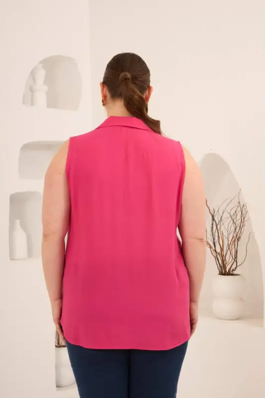 Gömlek Yaka Kolsuz Büyük Beden Viskon Bluz Fuşya - 4