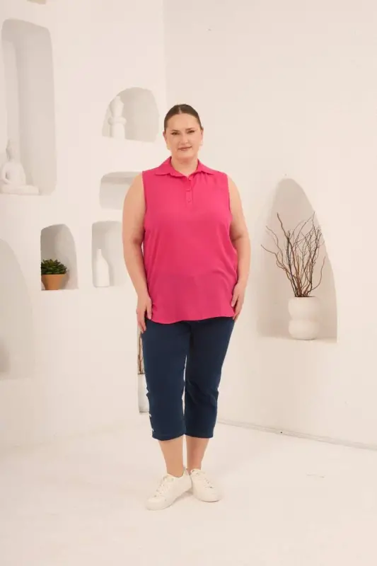 Gömlek Yaka Kolsuz Büyük Beden Viskon Bluz Fuşya - 5