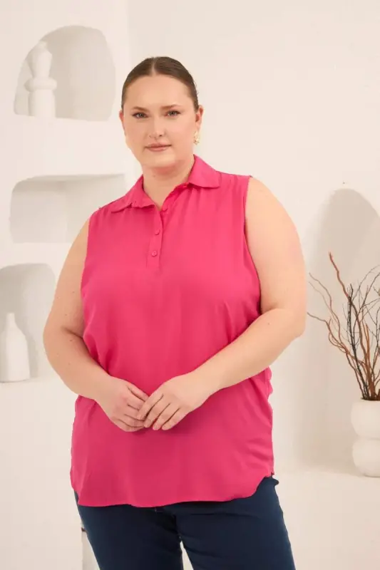 Gömlek Yaka Kolsuz Büyük Beden Viskon Bluz Fuşya - BÜYÜKBEDENIZ