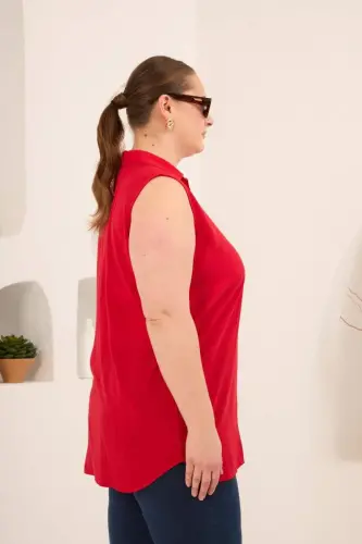 Gömlek Yaka Kolsuz Büyük Beden Viskon Bluz Kırmızı - BÜYÜKBEDENIZ (1)