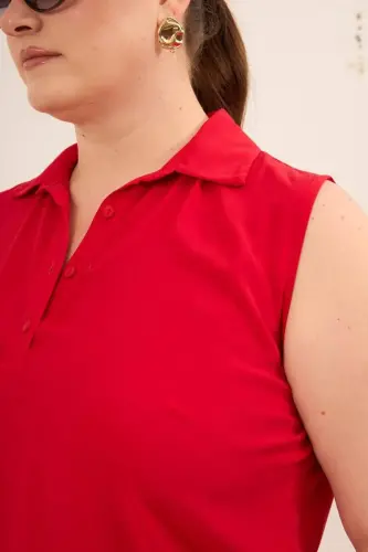 Gömlek Yaka Kolsuz Büyük Beden Viskon Bluz Kırmızı - 3