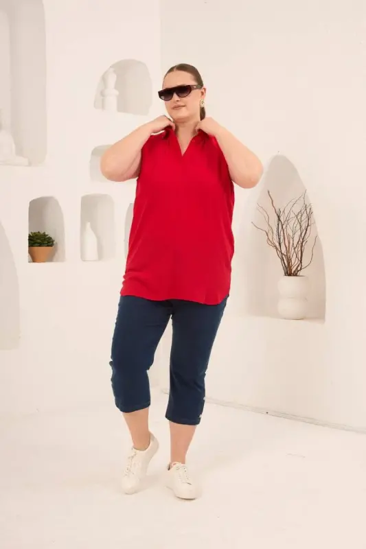 Gömlek Yaka Kolsuz Büyük Beden Viskon Bluz Kırmızı - 5