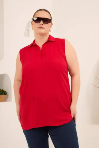 Gömlek Yaka Kolsuz Büyük Beden Viskon Bluz Kırmızı - 1