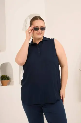 Gömlek Yaka Kolsuz Büyük Beden Viskon Bluz Lacivert - 1