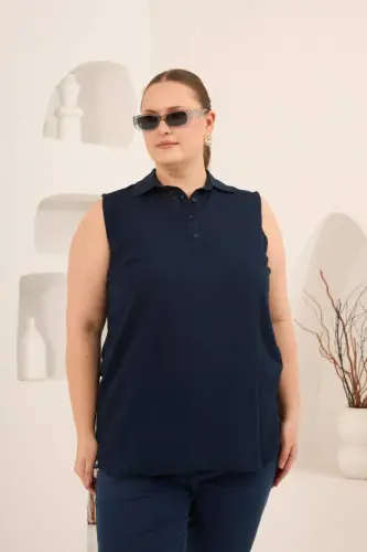 Gömlek Yaka Kolsuz Büyük Beden Viskon Bluz Lacivert - BÜYÜKBEDENIZ (1)