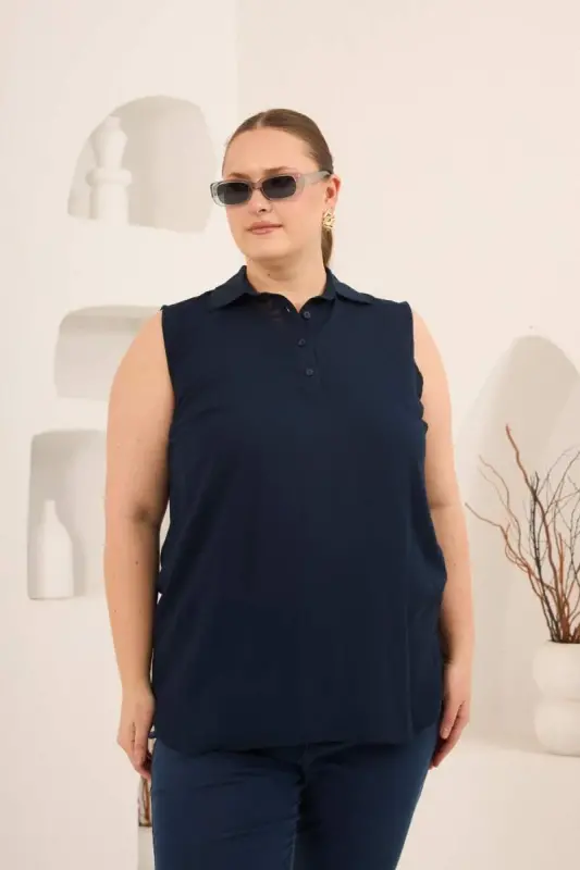 Gömlek Yaka Kolsuz Büyük Beden Viskon Bluz Lacivert - 2