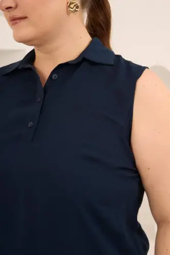 Gömlek Yaka Kolsuz Büyük Beden Viskon Bluz Lacivert - 3