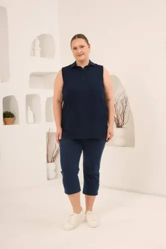 Gömlek Yaka Kolsuz Büyük Beden Viskon Bluz Lacivert - 6