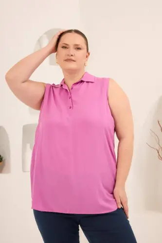 Gömlek Yaka Kolsuz Büyük Beden Viskon Bluz Lila - 3