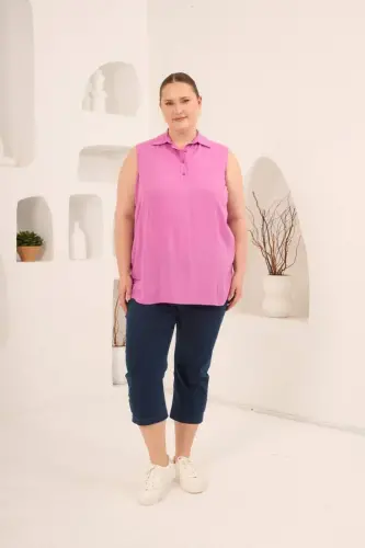 Gömlek Yaka Kolsuz Büyük Beden Viskon Bluz Lila - 6