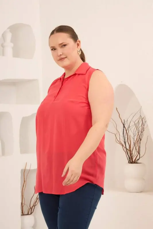Gömlek Yaka Kolsuz Büyük Beden Viskon Bluz Mercan - 3