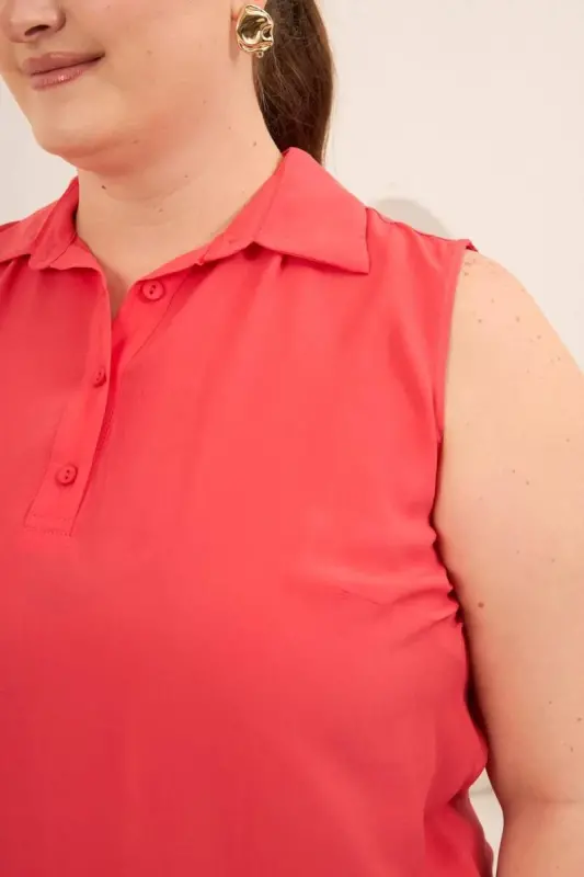Gömlek Yaka Kolsuz Büyük Beden Viskon Bluz Mercan - 4