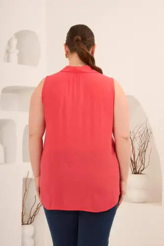 Gömlek Yaka Kolsuz Büyük Beden Viskon Bluz Mercan - 6