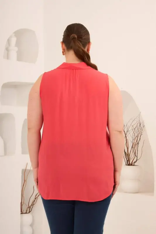 Gömlek Yaka Kolsuz Büyük Beden Viskon Bluz Mercan - 6