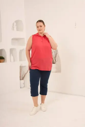 Gömlek Yaka Kolsuz Büyük Beden Viskon Bluz Mercan - 7