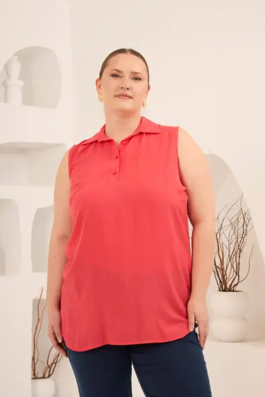 Gömlek Yaka Kolsuz Büyük Beden Viskon Bluz Mercan - BÜYÜKBEDENIZ
