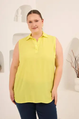 Gömlek Yaka Kolsuz Büyük Beden Viskon Bluz Sarı - 1