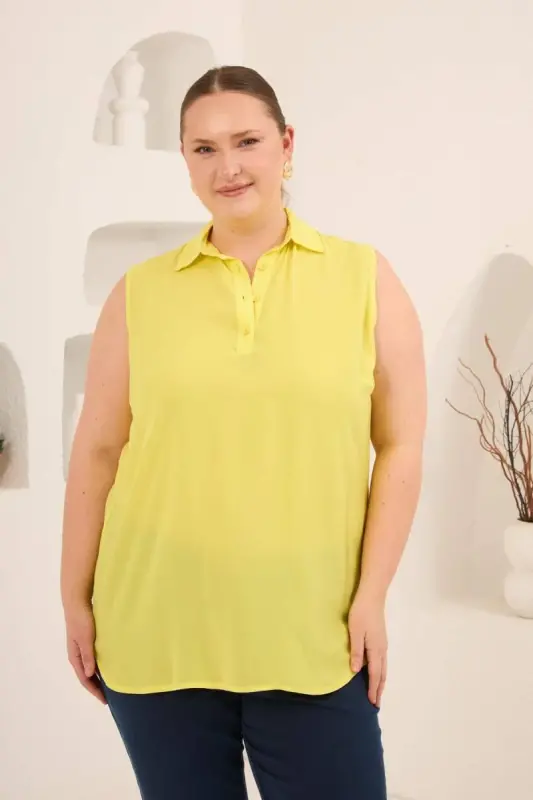Gömlek Yaka Kolsuz Büyük Beden Viskon Bluz Sarı - 1