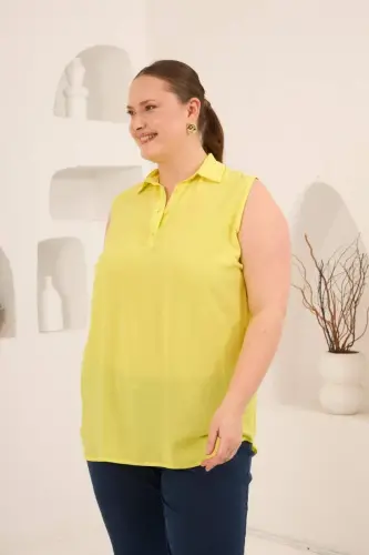 Gömlek Yaka Kolsuz Büyük Beden Viskon Bluz Sarı - 4