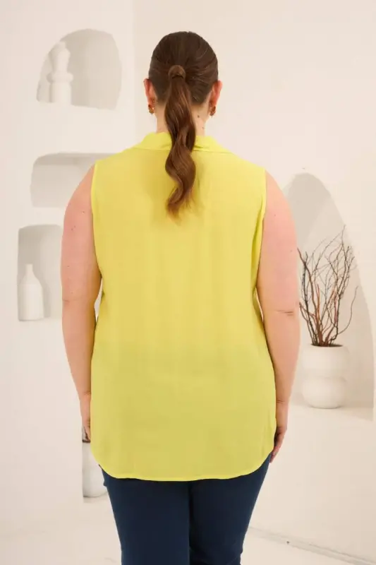 Gömlek Yaka Kolsuz Büyük Beden Viskon Bluz Sarı - 5
