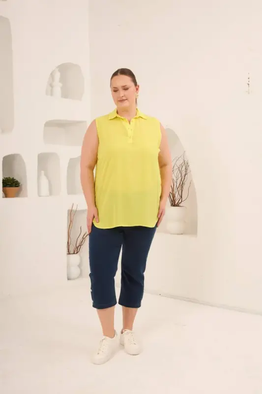 Gömlek Yaka Kolsuz Büyük Beden Viskon Bluz Sarı - 6
