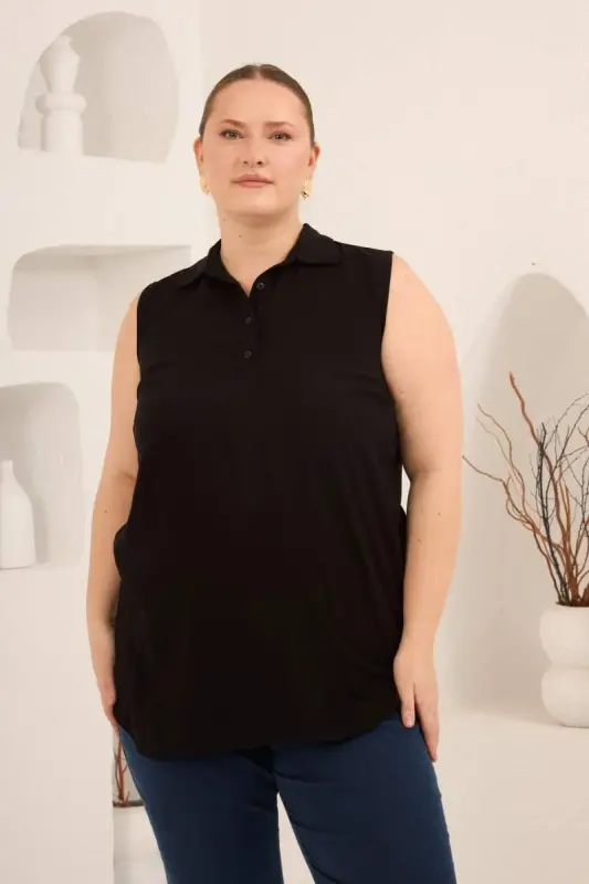 Gömlek Yaka Kolsuz Büyük Beden Viskon Bluz Siyah - 1
