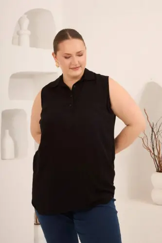Gömlek Yaka Kolsuz Büyük Beden Viskon Bluz Siyah - 2