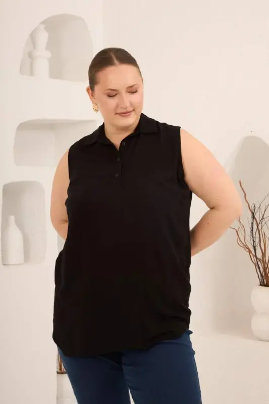 Gömlek Yaka Kolsuz Büyük Beden Viskon Bluz Siyah - 2