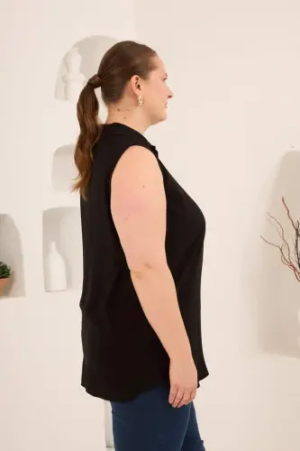 Gömlek Yaka Kolsuz Büyük Beden Viskon Bluz Siyah - 3