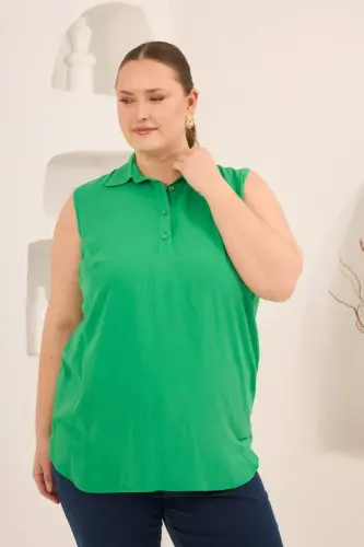Gömlek Yaka Kolsuz Büyük Beden Viskon Bluz Yeşil - 2