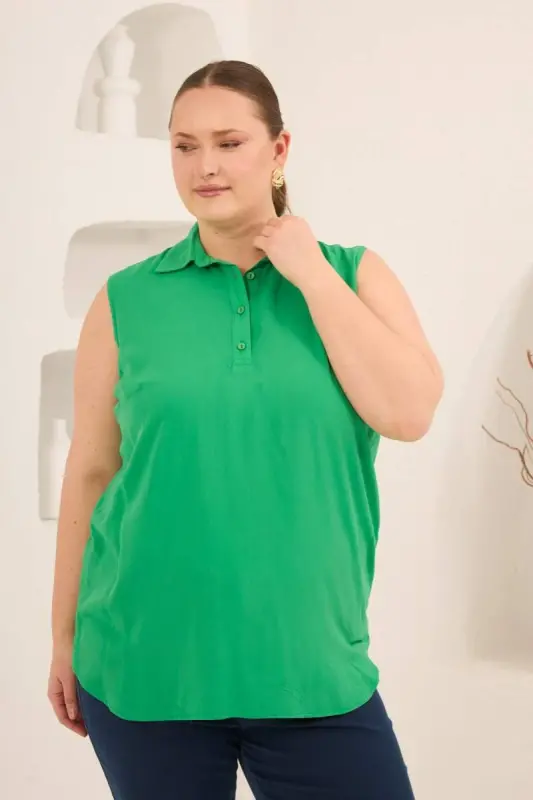 Gömlek Yaka Kolsuz Büyük Beden Viskon Bluz Yeşil - 2
