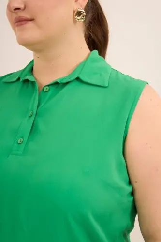Gömlek Yaka Kolsuz Büyük Beden Viskon Bluz Yeşil - 3