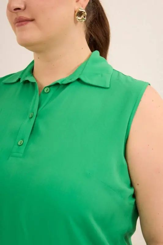 Gömlek Yaka Kolsuz Büyük Beden Viskon Bluz Yeşil - 3