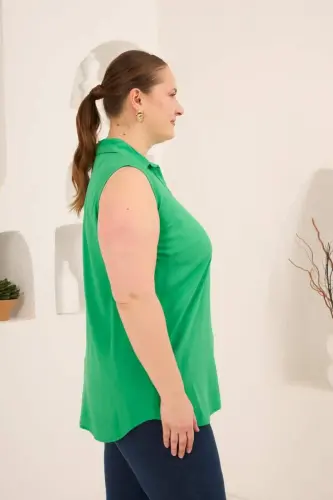 Gömlek Yaka Kolsuz Büyük Beden Viskon Bluz Yeşil - 4