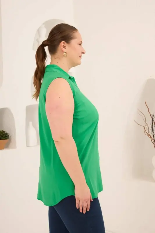 Gömlek Yaka Kolsuz Büyük Beden Viskon Bluz Yeşil - 4