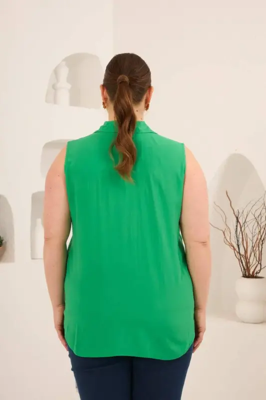 Gömlek Yaka Kolsuz Büyük Beden Viskon Bluz Yeşil - 5