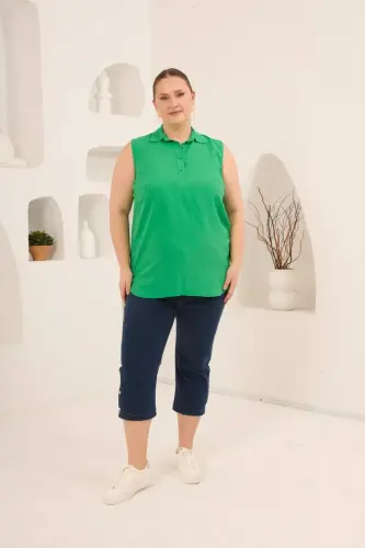 Gömlek Yaka Kolsuz Büyük Beden Viskon Bluz Yeşil - 6